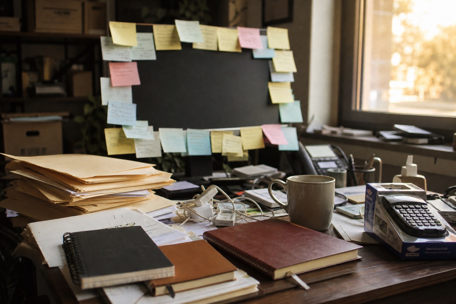 A desk buried in folders and notebooks, the monitor ringed with sticky notes