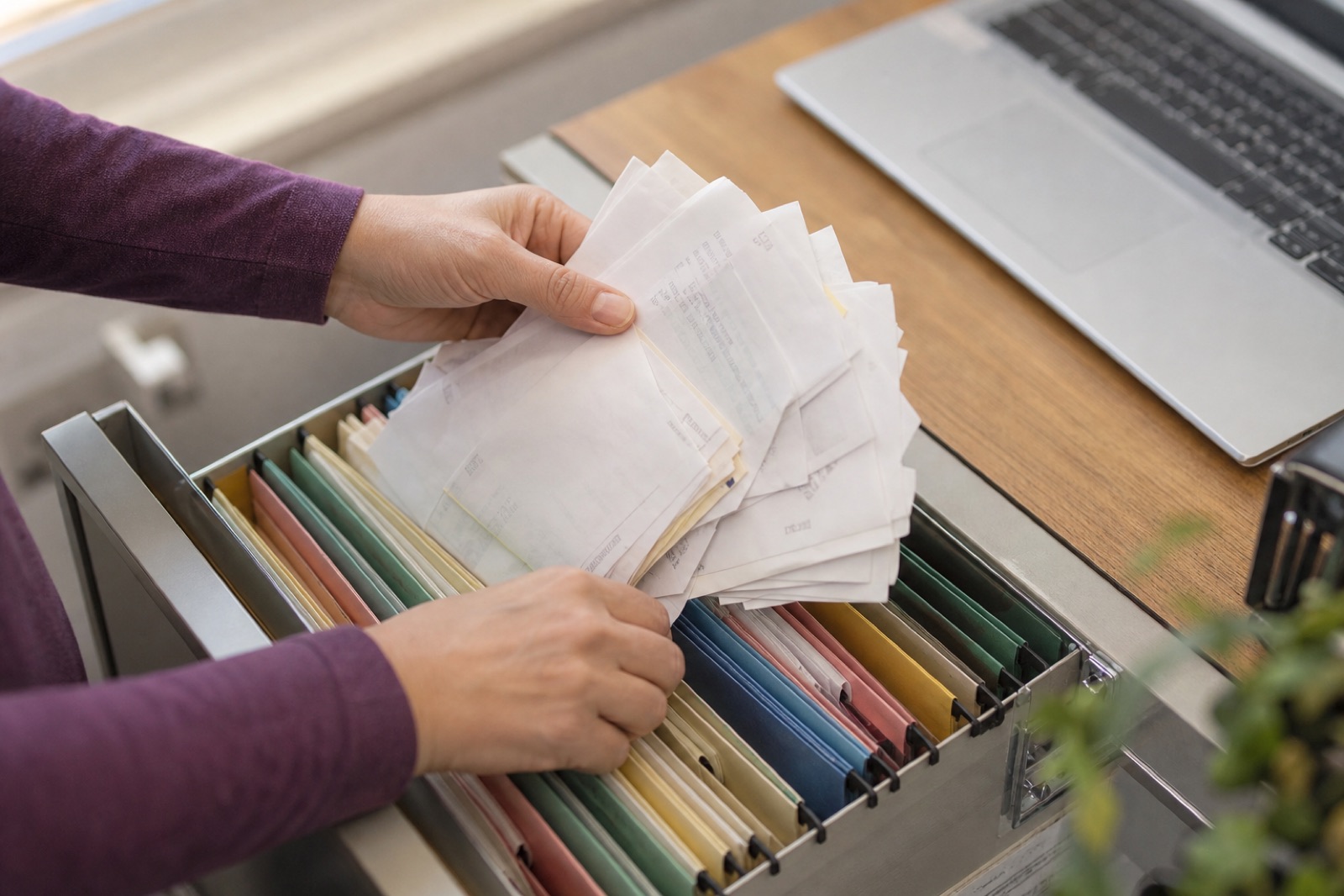 Hands sorting a stack of receipts into colored hanging folders beside a laptop