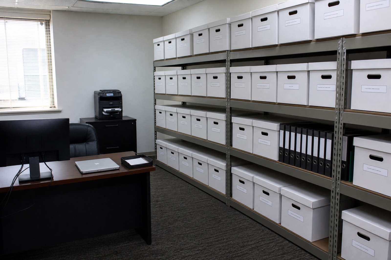 After: the same office with matching labeled file boxes, a clear floor and a clear desk