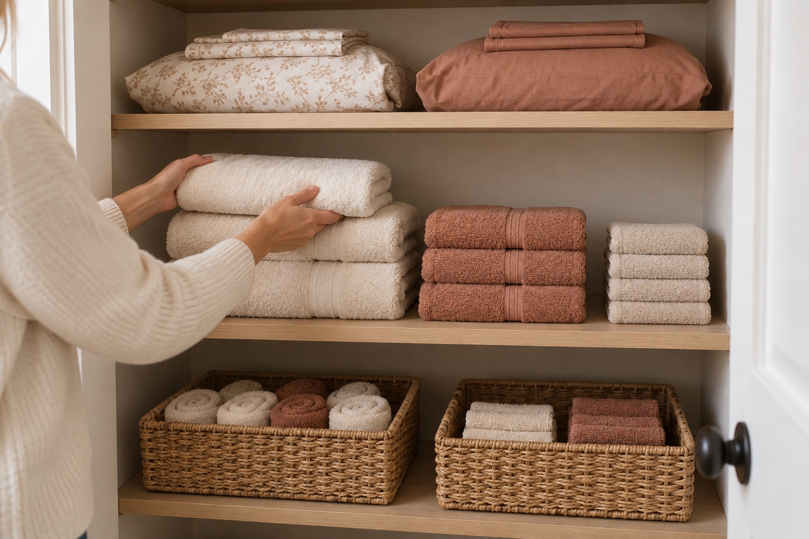 A linen closet with sheet sets together, towels in short stacks and small linens in baskets