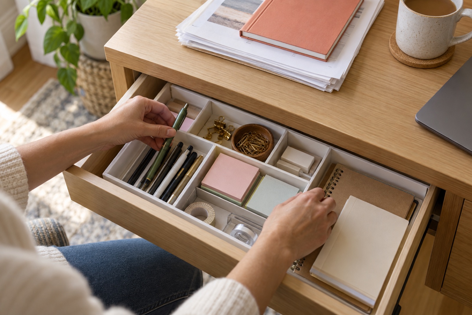 Hands sorting stationery into a drawer with useful compartments